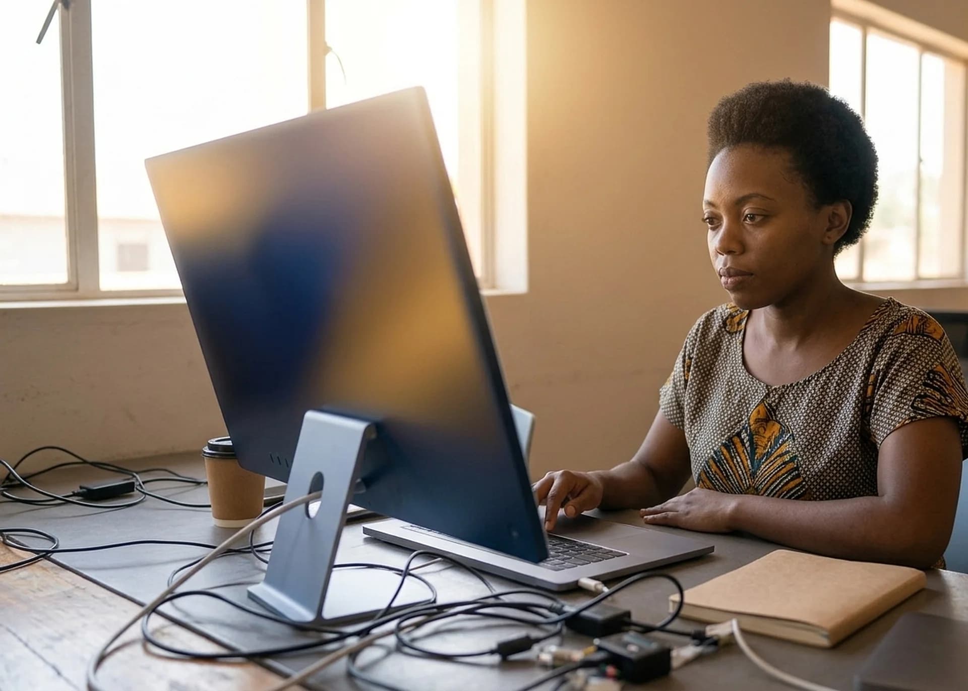 Illustration: a woman types on a laptop beside a large monitor on a desk with cables and a paper cup, next to a sunlit window.