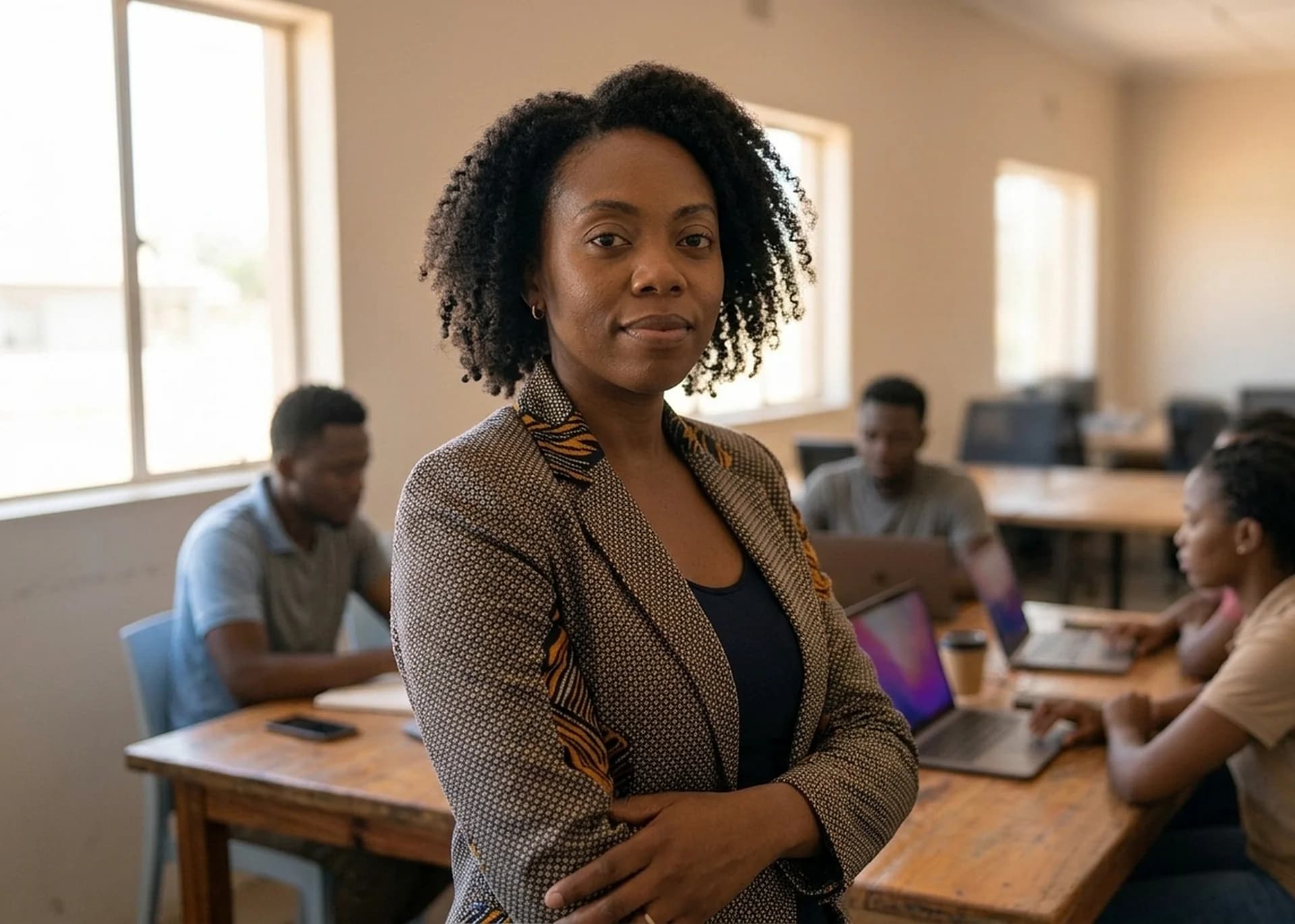 Illustration: a woman in a patterned blazer stands with arms folded in a bright room while three people work at laptops on wooden tables behind her.